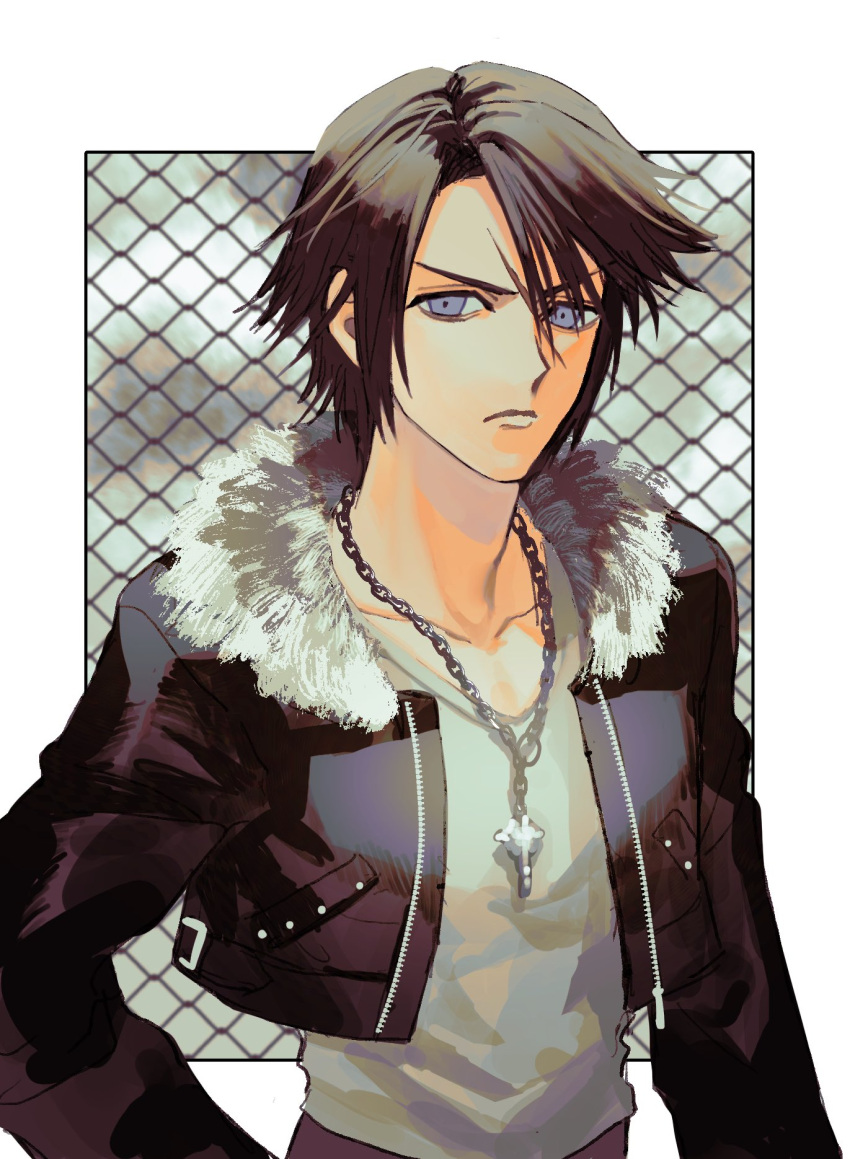1boy black_jacket blue_eyes brown_hair buckle chain-link_fence cropped_jacket day fence final_fantasy final_fantasy_viii frown fur-trimmed_jacket fur_trim hand_on_own_hip highres jacket jewelry light_frown long_sleeves male_focus necklace outdoors scar scar_on_face shirt short_hair solo squall_leonhart standing tdmmt_r v-neck white_shirt