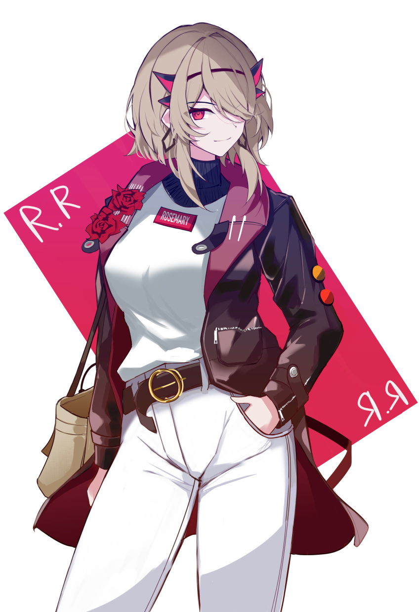 1girl absurdres bag belt belt_buckle black_belt black_jacket breasts brown_hair buckle closed_mouth commentary flower hair_over_one_eye hand_in_pocket highres honkai_(series) honkai_impact_3rd jacket long_sleeves looking_at_viewer medium_breasts open_clothes open_jacket pants red_background red_eyes red_flower red_rose rita_rossweisse rose shirt shoulder_bag smile solo sparks_summer two-tone_background white_background white_pants white_shirt