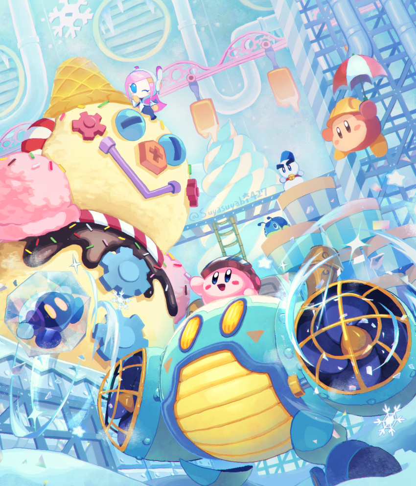1boy 1girl 2others chilly_(kirby) colored_skin electric_fan factory food gears haltworker hardhat helmet highres holding holding_umbrella ice ice_cream kirby kirby:_planet_robobot kirby_(series) ladder one_eye_closed pink_hair pink_skin popsicle robobot_armor smile snowflakes snowman solid_oval_eyes sprinkles susie_(kirby) suyasuyabi umbrella waddle_dee walf