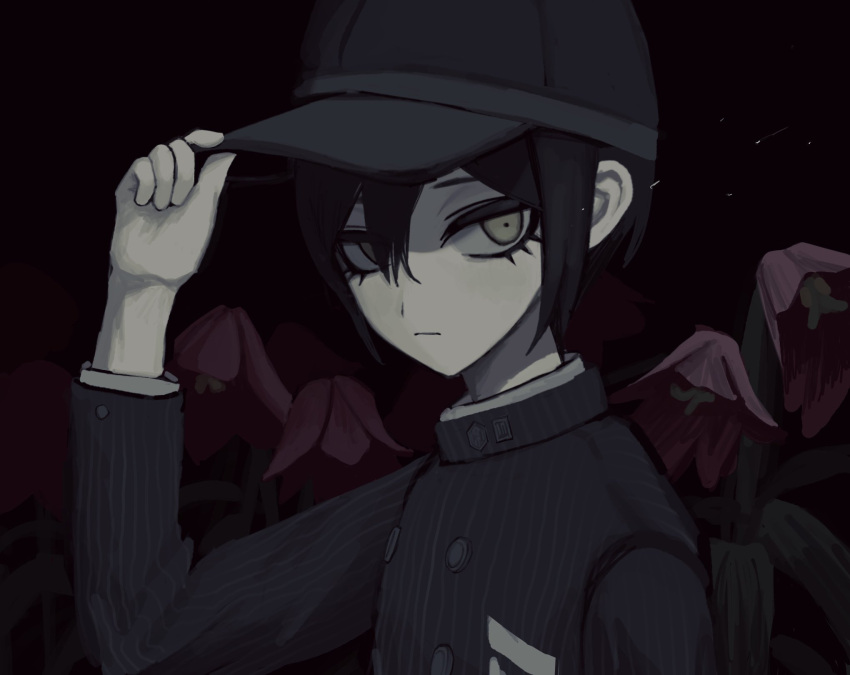 1boy baseball_cap black_background black_headwear black_jacket brown_eyes buttons danganronpa_(series) danganronpa_v3:_killing_harmony double-breasted flower from_side hand_on_headwear hand_up hat highres ie_(kshgnhg) jacket long_sleeves looking_at_viewer male_focus saihara_shuichi solo striped striped_jacket upper_body