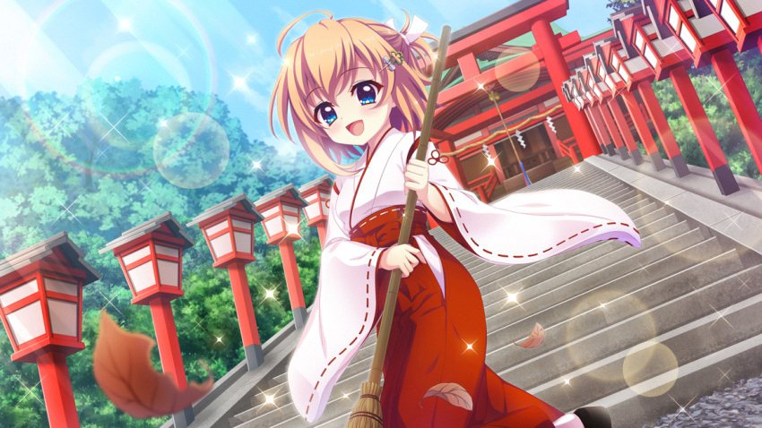 1girl ahoge blue_eyes blue_sky breasts broom day dot_nose dutch_text film_grain from_below game_cg gravel hair_ornament hairclip hakama holding holding_broom izumi_tsubasu japanese_clothes kimono leaf lens_flare looking_at_viewer miko non-web_source official_art open_mouth outdoors rainbow re:stage! red_hakama shikimiya_mana short_hair shrine side_slit sky small_breasts smile solo sparkle stairs stone_stairs sunlight sweeping torii tree white_kimono