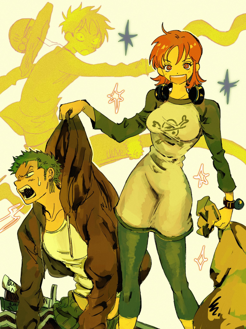 1girl 2boys bracelet breasts collarbone commentary earrings feet_out_of_frame green_hair hat headphones headphones_around_neck headwear_removed highres holding holding_sack hood hoodie jewelry jolly_roger katana light_blush log_pose long_sleeves makenevemoiine medium_breasts monkey_d._luffy multiple_boys nami_(one_piece) one_piece open_clothes open_hoodie open_mouth orange_eyes orange_hair roaring roronoa_zoro sack scar scar_on_cheek scar_on_face sheath sheathed shirt short_hair shorts smile sparkle straw_hat straw_hat_pirates straw_hats_jolly_roger stretched_limb sweatdrop sword teeth upper_teeth_only weapon white_shirt