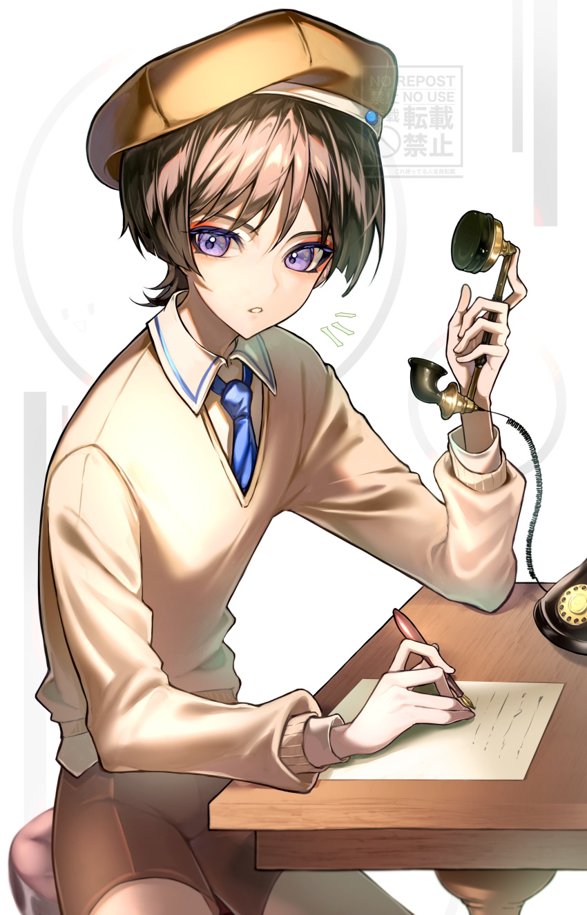 1boy absurdres beret blue_necktie brown_hair brown_headwear brown_shorts collared_shirt genshin_impact hat highres holding holding_pen holding_phone long_sleeves male_focus necktie nero_hanken paper parted_lips pen phone red_eyeliner scaramouche_(genshin_impact) shirt short_hair shorts sitting solo sweater teeth violet_eyes white_shirt yellow_sweater