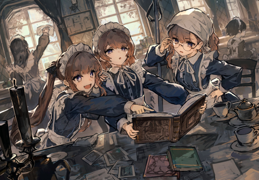 5girls absurdres apron book bucket candle cleaning cup dress fang glasses highres maid maid_apron maid_headdress multiple_girls original skin_fang skirt sparkling_eyes teacup teapot twintails window wiping yanyan_(shinken_gomi)
