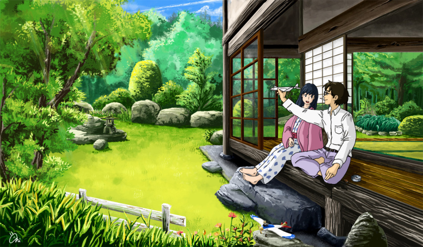 1boy 1girl ariken arm_up ashtray belt black_eyes black_hair breast_pocket brown_belt brown_hair cigarette closed_mouth collared_shirt commentary_request day fence flower glasses grass grey_pants holding holding_paper_airplane horikoshi_jirou house indian_style jacket japanese_clothes kaze_tachinu kimono long_hair long_sleeves looking_at_another looking_to_the_side muntins nature obi open_mouth pants paper_airplane pink_jacket plant pocket print_kimono profile red_flower red_sash rock sash satomi_naoko scenery shirt short_hair shouji signature sitting sliding_doors smile sunlight teeth toy_airplane tree upper_teeth_only veranda white_kimono white_shirt wide_shot window wooden_fence