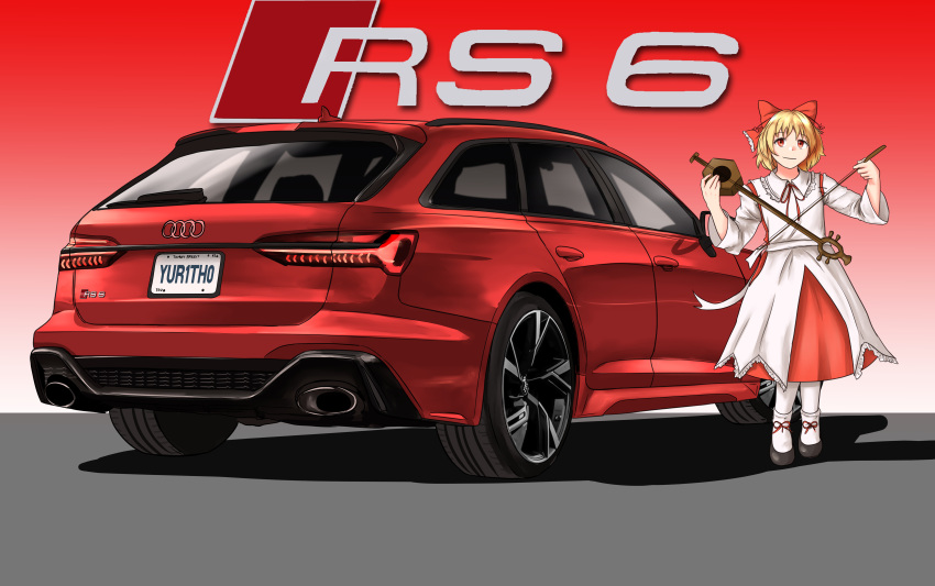 1girl absurdres audi audi_a6 audi_rs6 black_footwear blonde_hair bow car commission dress erhu hair_bow highres holding holding_instrument instrument license_plate looking_at_viewer motor_vehicle pantyhose raffijoe5 red_bow red_eyes red_skirt satsuki_rin shadow shoes short_hair skirt smile solo touhou vehicle_focus vehicle_name white_dress white_pantyhose
