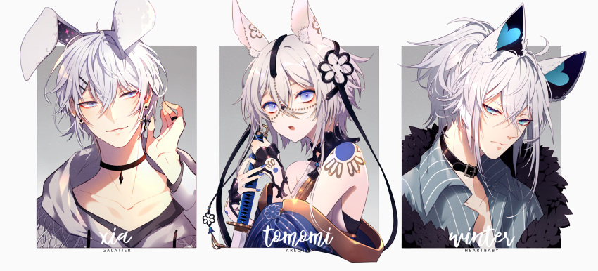 3boys :o animal_ear_fluff animal_ears bare_shoulders beads belt_buckle bishounen black_choker black_collar black_gloves black_ribbon black_scarf black_shirt blue_eyes blue_flower blue_kimono blue_nails blue_shirt border buckle character_name chin choker closed_mouth collar collarbone collared_shirt cross cross_earrings diamond_choker ear_piercing earrings english_commentary english_text fingerless_gloves floppy_ears flower frown fur_scarf gloves grey_background grey_eyes hair_beads hair_ornament hair_ribbon half-closed_eyes half_gloves hand_up heart hen-tie highres holding holding_sword holding_weapon hood hood_down hooded_jacket jacket japanese_clothes jewelry katana kimono long_sleeves looking_at_viewer male_focus messy_hair multiple_boys nail_polish off_shoulder open_clothes open_mouth open_shirt original parted_lips piercing ponytail rabbit_ears ribbon ring scarf shirt short_hair shoulder_tattoo single_earring sleeveless sleeveless_shirt smile striped striped_shirt sweater_jacket sword tattoo tomomi_(hen-tie) upper_body vertical-striped_shirt vertical_stripes violet_eyes weapon white_border white_hair white_jacket white_shirt winter_(hen-tie) xia_(hen-tie)