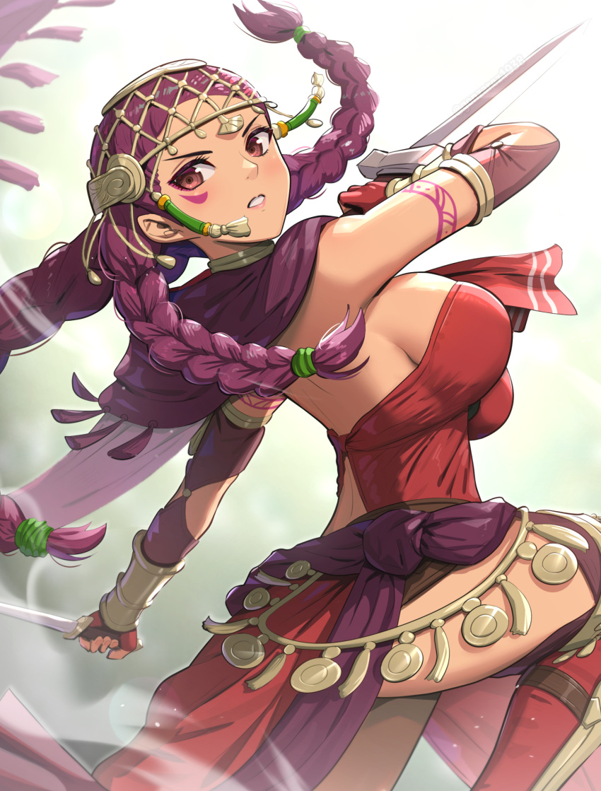 1girl alternate_hairstyle braid breasts brown_eyes capelet dark-skinned_female dark_skin dual_wielding facial_mark fire_emblem fire_emblem:_three_houses fire_emblem_warriors fire_emblem_warriors:_three_hopes gloves gonzarez hair_ornament highres holding holding_weapon jewelry large_breasts long_hair looking_at_viewer nintendo official_alternate_costume official_alternate_hairstyle open_mouth petra_macneary purple_capelet purple_hair simple_background solo sword thighs weapon