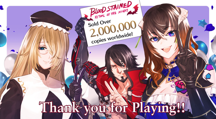 1boy 2girls artist_request beard bloodstained:_ritual_of_the_night blue_eyes breasts brown_eyes commentary dominique_(bloodstained) eyepatch facial_hair glasses gradient_eyes hair_between_eyes hair_ornament hair_over_one_eye hat highres long_hair medium_breasts medium_hair miriam_(bloodstained) multicolored_eyes multiple_girls muscular muscular_male official_art open_mouth smile thank_you v very_long_hair violet_eyes zangetsu_(bloodstained)
