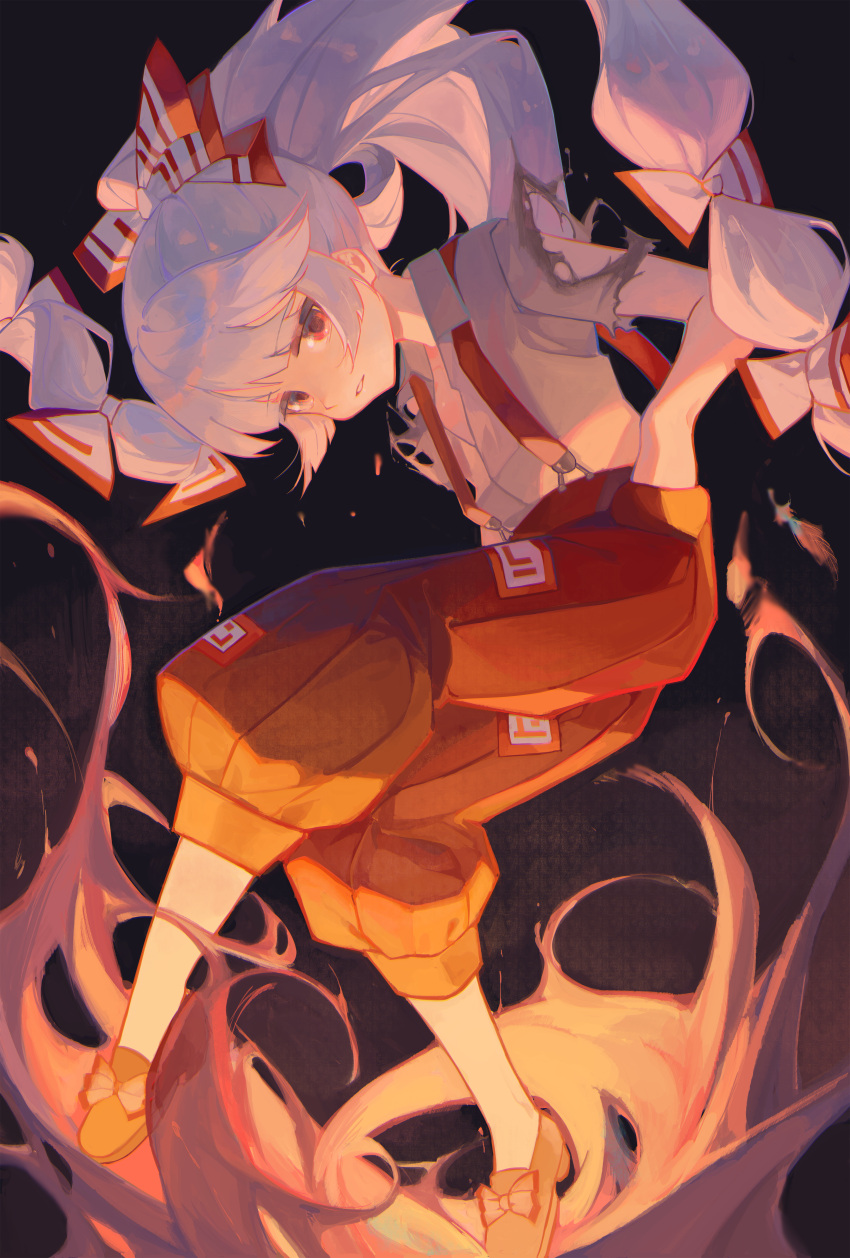 1girl absurdres black_background bow burnt_clothes cindy717 fire fujiwara_no_mokou hair_bow highres long_hair looking_at_viewer ofuda ofuda_on_clothes pants ponytail red_eyes red_pants solo suspenders touhou white_hair