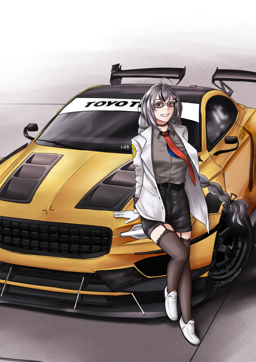 1girl absurdres belt black_belt black_choker black_hair black_shorts black_thighhighs braid breasts car choker collared_shirt commentary cowlick english_commentary garter_straps glasses grey_hair grey_shirt highres jacket long_hair looking_at_viewer medium_breasts motor_vehicle multicolored_hair necktie need_for_speed need_for_speed_heat nijisanji nijisanji_id on_vehicle parted_lips polestar_(company) polestar_1 raffijoe5 red_necktie shirt shirt_tucked_in shoes shorts sitting smile solo spoiler_(automobile) streaked_hair thigh-highs twin_braids vehicle_focus very_long_hair virtual_youtuber white_footwear white_jacket xia_ekavira