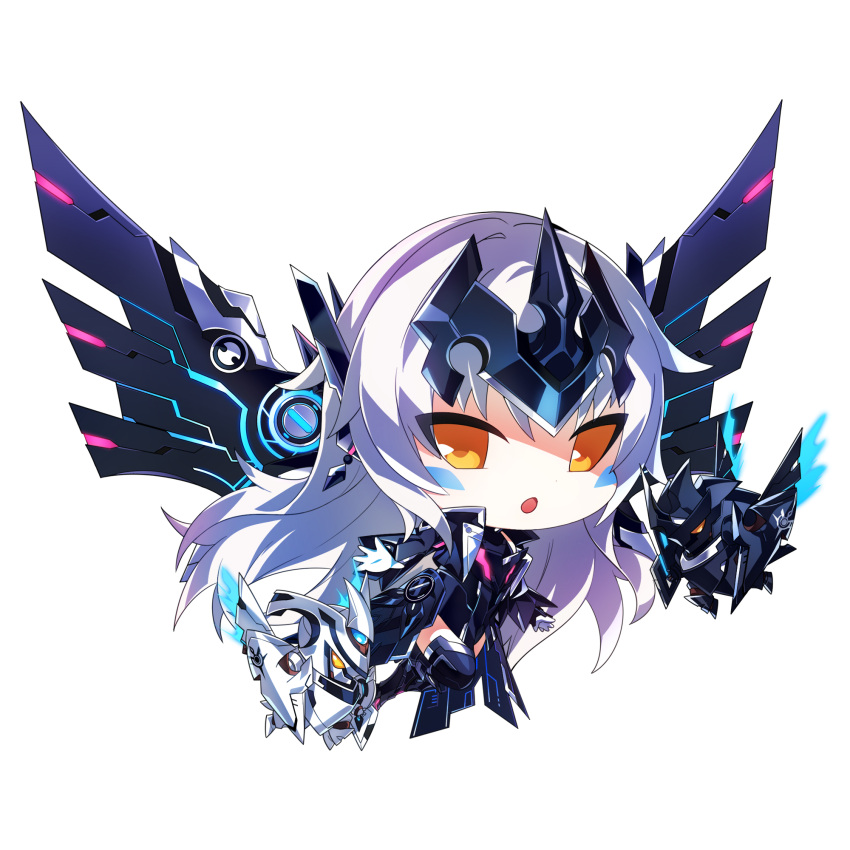 armor armored_boots armored_dress armored_leotard boots chibi code:_ultimate_(elsword) commentary_request crown drone elsword energy energy_wings eve_(elsword) facial_mark gloves highres horns jacket leotard long_hair looking_at_viewer machine mecha_musume mechanical_ears mechanical_horns mechanical_wings moby_(elsword) mulook open_clothes open_jacket open_mouth orange_eyes remy_(elsword) spikes transparent transparent_background very_long_hair white_gloves white_hair wings