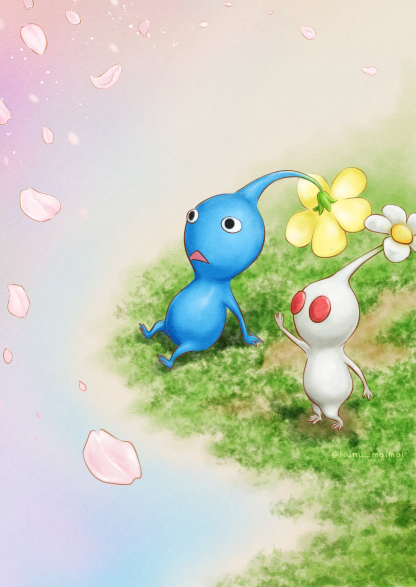 black_eyes blue_pikmin blue_skin colored_skin commentary_request falling_petals flower hanami highres looking_ahead moss no_humans nunu-moimoi outdoors outstretched_arm petals pikmin_(creature) pikmin_(series) pikmin_4 red_eyes shadow shore sitting solid_circle_eyes triangle_mouth twitter_username white_flower white_pikmin white_skin yellow_flower