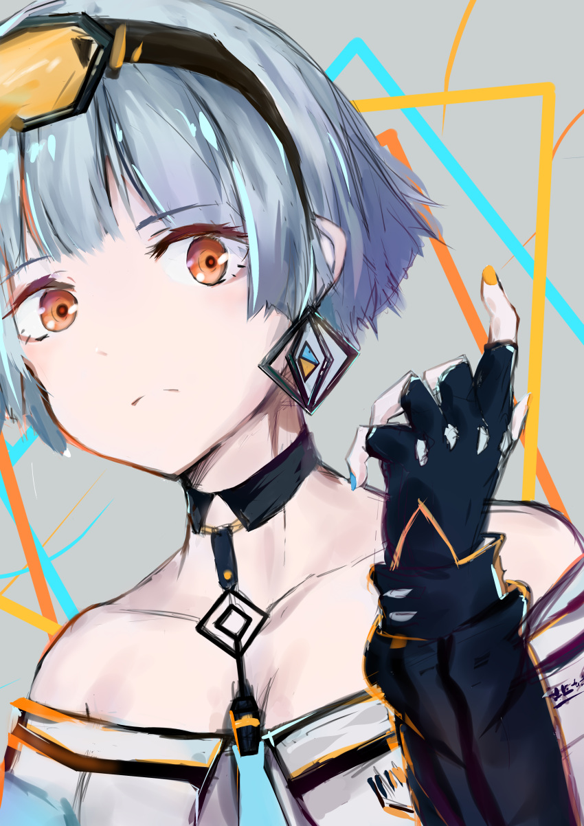 1girl absurdres aqua_necktie bare_shoulders black_choker black_gloves blue_hair blue_nails blunt_bangs bob_cut choker collarbone commentary earrings fingerless_gloves frown girls_frontline gloves goggles goggles_on_head grey_background highres jewelry long_sleeves looking_at_viewer melody-05 multicolored_nails necktie off-shoulder_shirt off_shoulder orange-tinted_eyewear orange_eyes orange_nails shirt short_hair sketch solo tinted_eyewear upper_body zas_m21_(girls'_frontline)