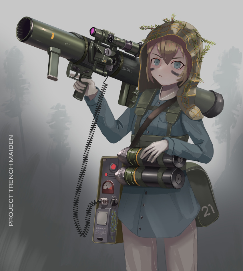 1girl absurdres blue_dress blue_eyes carl_gustaf_recoilless_rifle dress english_text gloves green_headwear highres kill_markings klottinen long_sleeves looking_at_viewer optical_sight original recoilless_rifle serious solo tally tree white_gloves