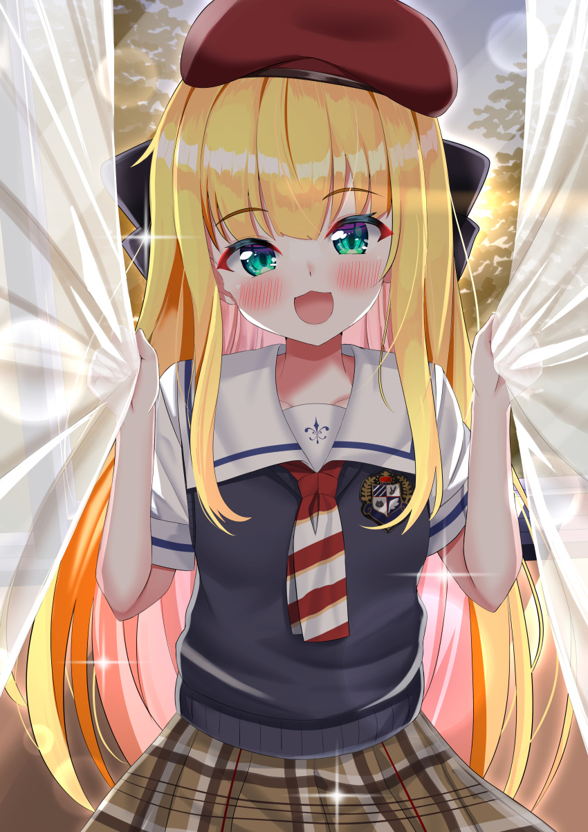 1girl absurdres beret blonde_hair blue_eyes blush breasts collarbone commentary_request curtains hat highres lens_flare long_hair looking_at_viewer mononobe_alice mononobe_alice_(3rd_costume) nijisanji open_mouth school_uniform sky small_breasts solo sunset virtual_youtuber yoshino_sakura_(0db5t510388113n)