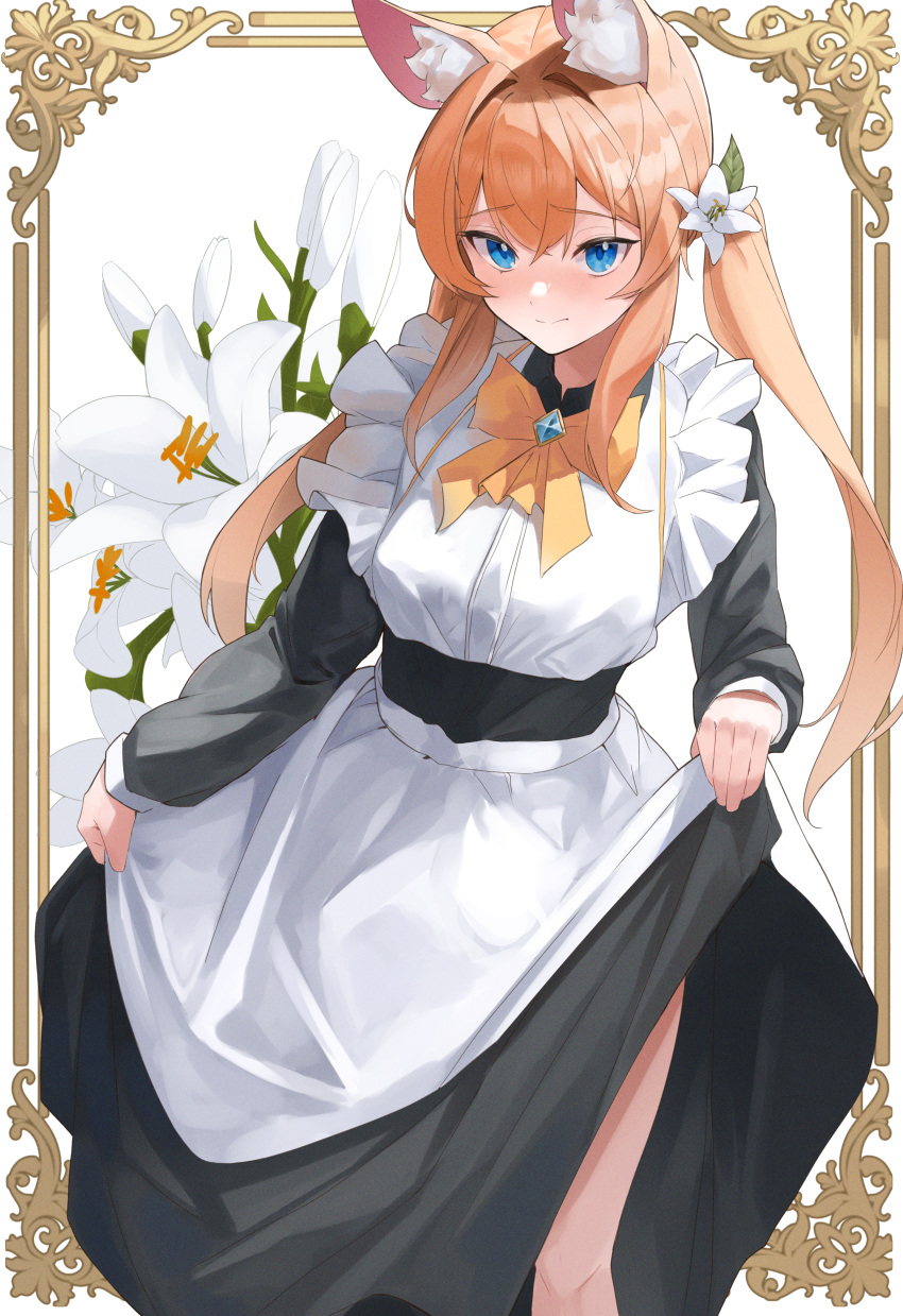 1girl absurdres alternate_costume alternate_hairstyle animal_ear_fluff animal_ears apron black_dress blue_archive blue_eyes blush closed_mouth clothes_lift dress dress_lift enmaided flower frilled_apron frills hair_between_eyes hair_flower hair_ornament highres lifted_by_self long_hair long_sleeves looking_at_viewer maid maid_apron mari_(blue_archive) orange_hair setakman solo standing twintails white_apron white_flower