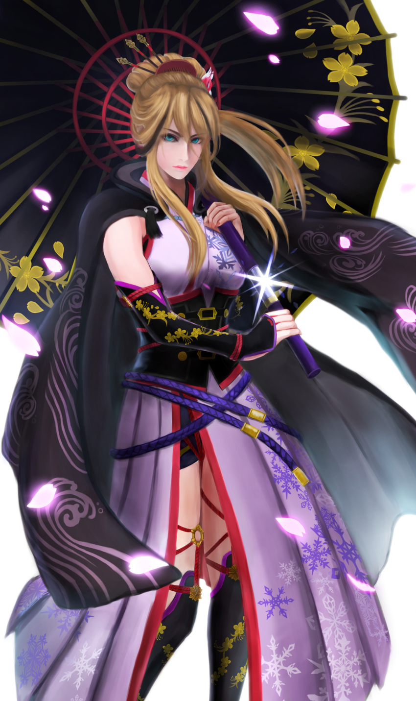 1girl akito1218 arm_guards bare_shoulders black_cape blonde_hair blue_eyes cape chokutou closed_mouth concealed_weapon hair_ornament highres holding holding_sword holding_umbrella holding_weapon japanese_clothes kimono lips long_hair looking_at_viewer obi oil-paper_umbrella petals pink_kimono sash setsuka shin_guards simple_background sleeveless sleeveless_kimono solo soulcalibur soulcalibur_vi sword umbrella umbrella_sword weapon white_background