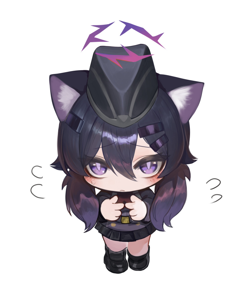1girl absurdres animal_ear_fluff animal_ears black_footwear black_hair black_headwear black_skirt blue_archive blush chibi commentary_request dokomon flying_sweatdrops from_above full_body garrison_cap hair_between_eyes hair_ornament hairclip halo haruka_(blue_archive) hat highres jacket kemonomimi_mode korean_commentary long_hair long_sleeves looking_at_viewer looking_up low_twintails pleated_skirt purple_hair purple_jacket shoes simple_background skirt solo standing twintails very_long_hair violet_eyes white_background