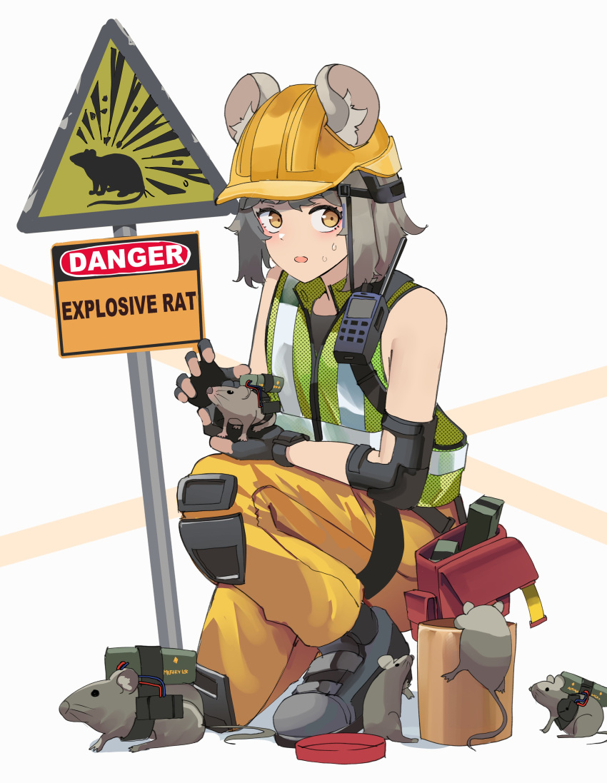 1girl absurdres animal_ears c4 english_text gar32 green_jacket grey_hair hardhat helmet high-visibility_vest highres jacket looking_at_viewer mouse mouse_ears mouse_girl nervous nervous_sweating original pants sign sleeveless sleeveless_jacket solo sweat warning_sign white_background yellow_eyes yellow_headwear yellow_pants