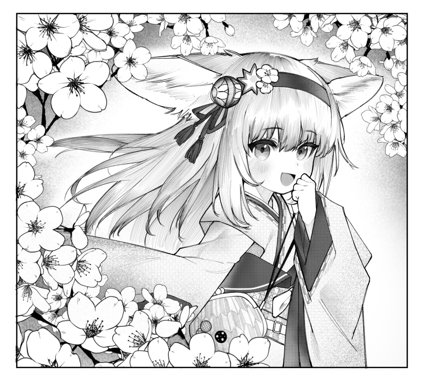 1girl :d animal_ears arknights black_border blush border clenched_hand flower fox_ears greyscale hair_flower hair_ornament hair_ribbon hairband hand_up highres japanese_clothes kimono long_hair long_sleeves looking_at_viewer monochrome open_mouth ribbon smile soda_(sod4) solo straight_hair suzuran_(arknights) suzuran_(yukibare)_(arknights) upper_body white_border wide_sleeves