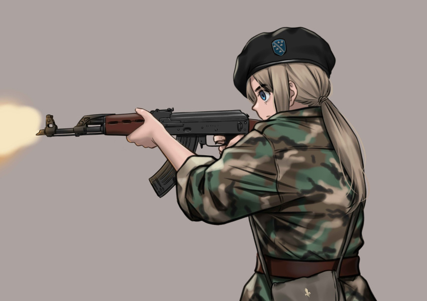 1girl assault_rifle belt beret black_headwear blonde_hair blue_eyes bosnia_and_herzegovina brown_background brown_belt camouflage camouflage_jacket camouflage_pants coat_of_arms commentary firing gun hat highres holding holding_gun holding_weapon jacket kalashnikov_rifle long_hair looking_to_the_side mardjan military original pants pouch rifle serious simple_background solo weapon zastava_m70