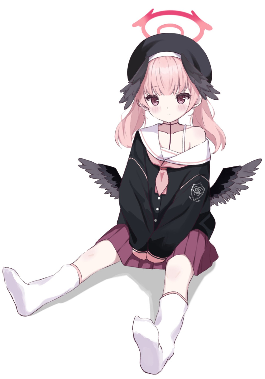 1girl beret between_legs black_headwear black_shirt black_wings blue_archive blush closed_mouth collarbone cram960 feathered_wings halo hand_between_legs hat head_wings highres koharu_(blue_archive) long_sleeves looking_at_viewer low_wings neckerchief no_shoes off_shoulder pink_eyes pink_hair pink_neckerchief pleated_skirt purple_skirt sailor_collar school_uniform serafuku shirt simple_background single_bare_shoulder sitting skirt sleeves_past_fingers sleeves_past_wrists socks soles solo twintails white_background white_sailor_collar white_socks wings
