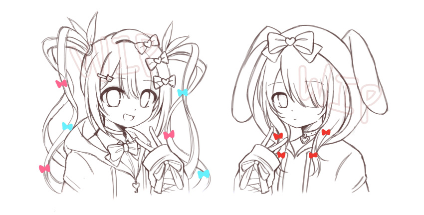 2girls absurdres ame-chan_(needy_girl_overdose) bow chouzetsusaikawa_tenshi-chan collar hair_bow hair_ornament hairclip highres hood hoodie human_experiment_(wwinterdotcom) jewelry multiple_girls necklace needy_girl_overdose short_hair sketch smile twintails