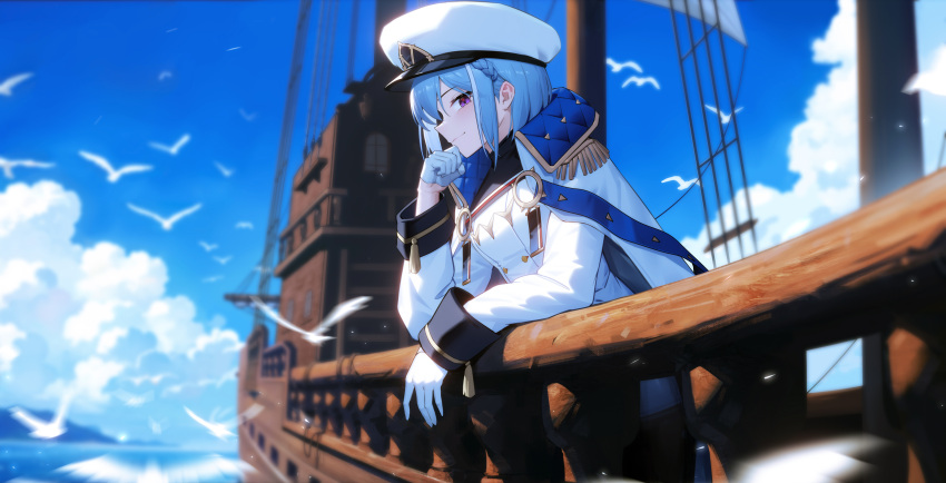 1girl 95--- absurdres bird blue_hair blue_sky braid clouds coat coat_on_shoulders day epaulettes epic_seven gloves hat highres looking_at_viewer military_jacket military_uniform naval_uniform navy_captain_landy_(epic_seven) outdoors peaked_cap ship short_hair sky sleeve_cuffs solo uniform violet_eyes watercraft white_coat white_gloves white_headwear