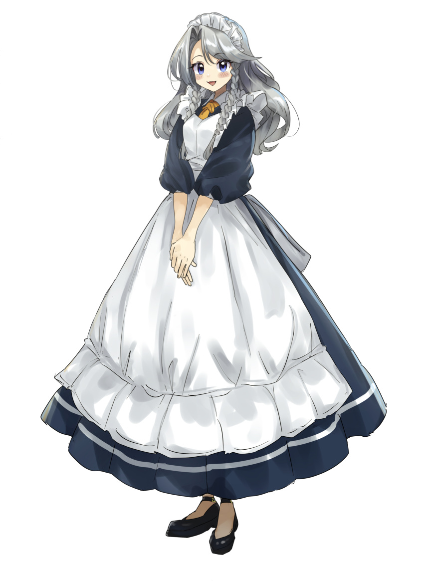 1girl :d absurdres alternate_costume apron ascot black_footwear blue_dress blue_eyes blush braid breasts collared_shirt dress frilled_apron frilled_headwear frilled_straps frills grey_hair highres izayoi_sakuya looking_at_viewer maid_headdress medium_hair open_mouth own_hands_together pleated_dress shirt shoes short_sleeves simple_background small_breasts smile solo standing tongue touhou twin_braids usayoshi_(touhopu2) white_apron white_background yellow_ascot
