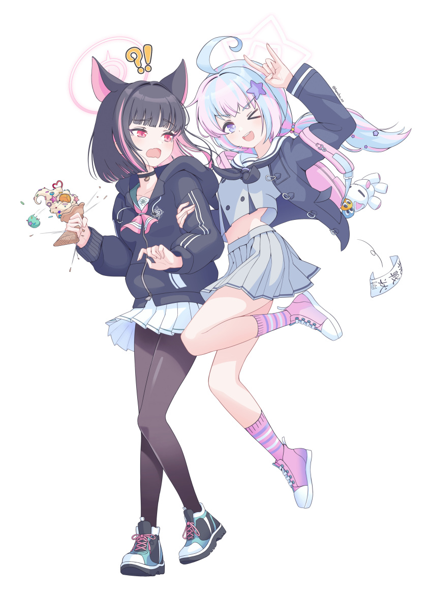 2girls ;d absurdres ahoge animal_ears animal_hood artist_name backpack bag bag_charm barefoot beads black_choker black_hair black_jacket black_neckerchief black_pantyhose black_serafuku blue_archive blue_hair blue_hoodie blue_jacket blush breaking breasts buttons candy cat_ears cat_girl charm_(object) choker clenched_hand collar colored_inner_hair covered_navel extra_ears eyelashes floating_hair food green_footwear green_sailor_collar grey_serafuku grey_shirt grey_skirt hair_beads hair_between_eyes hair_bobbles hair_ornament hair_scrunchie hairclip halo hancho hands_up highres holding holding_food hood hood_up hoodie ice_cream jacket jumping kazusa_(blue_archive) light_blue_hair long_hair long_sleeves looking_at_viewer low_twintails macaron midriff midriff_peek multicolored_hair multiple_girls navel neckerchief one_eye_closed open_clothes open_jacket open_mouth pantyhose paper pink_bag pink_footwear pink_hair pink_halo pink_neckerchief pink_socks pleated_skirt purple_hair red_eyes reisa_(blue_archive) sailor_collar school_uniform scrunchie serafuku shirt shoes short_hair sidelocks signature simple_background skirt small_breasts smile socks solo sprinkles star_(symbol) star_hair_ornament star_halo streaked_hair stuffed_animal stuffed_toy surprised suspender_skirt suspenders twintails two-tone_hair v-shaped_eyebrows violet_eyes white_background white_halo white_sailor_collar white_shirt