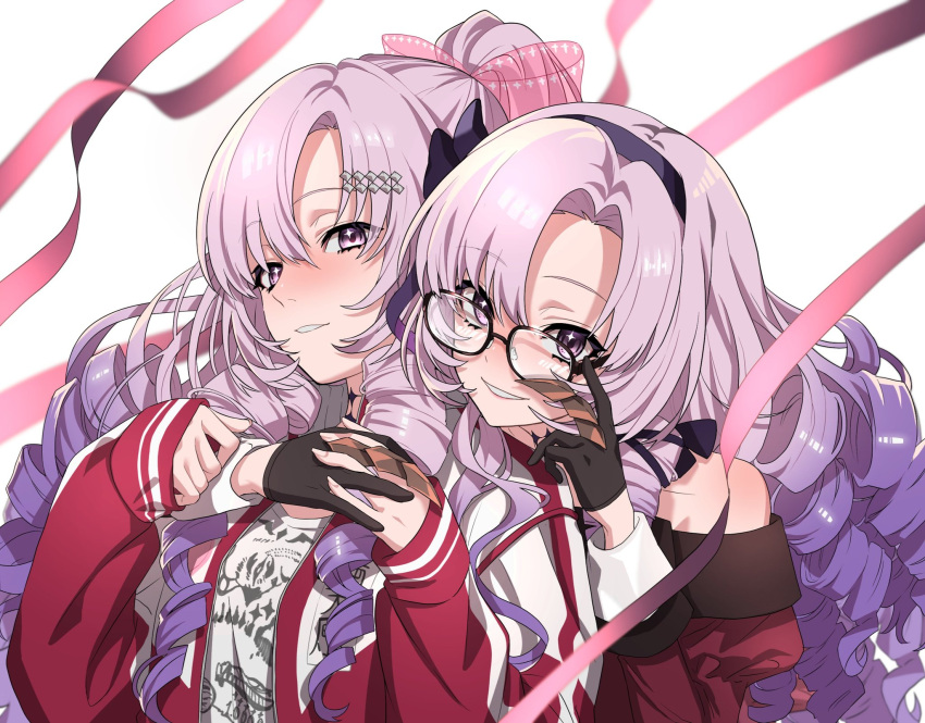 00_00mare 2girls adjusting_eyewear bare_shoulders black-framed_eyewear black_gloves blush bow claw_ring clothes_writing dress drill_hair drill_sidelocks glasses gloves hair_bow hair_ornament hairband hairclip highres hyakumantenbara_salome hyakumantenbara_salome_(1st_costume) hyakumantenbara_salome_(2nd_costume) interlocked_fingers jacket juliet_sleeves light_purple_hair lips long_hair long_sleeves looking_at_viewer multiple_girls nijisanji off-shoulder_dress off_shoulder official_alternate_costume parted_bangs pink_bow ponytail puffy_sleeves purple_hairband purple_ribbon red_dress red_jacket red_sleeves red_track_suit ribbon shirt sidelocks simple_background smile sparkling_eyes track_jacket violet_eyes virtual_youtuber white_background white_shirt