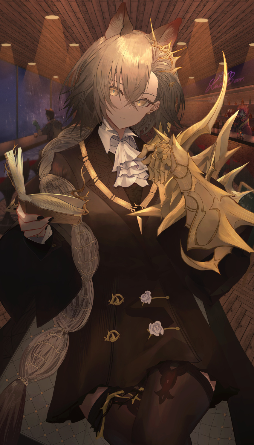 1girl absurdres animal_ears arknights ascot bar_(place) black_coat black_nails book braid brown_eyes brown_hair coat cocktail_glass cup drinking_glass gauntlets highres holding holding_book kira_guil long_hair mole_above_eye penance_(arknights) single_gauntlet thigh-highs
