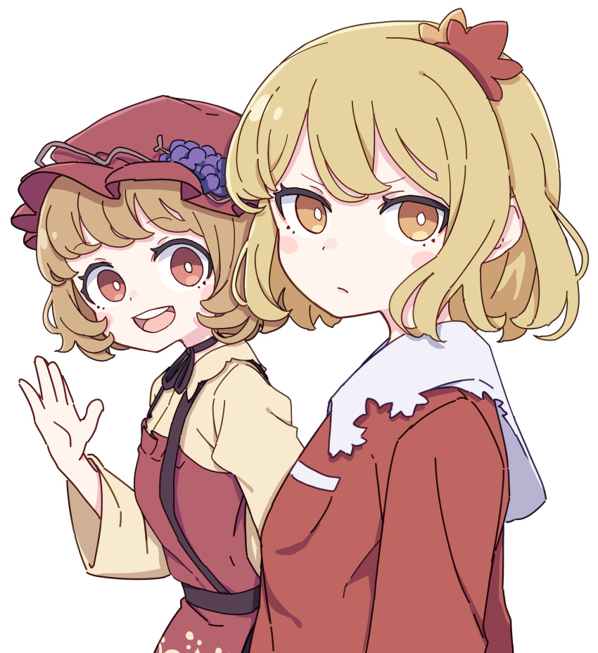 2girls absurdres aki_minoriko aki_shizuha apron blonde_hair blush_stickers closed_mouth collared_shirt fruit_hat_ornament grape_hat_ornament hair_ornament hat hat_ornament highres kame_(kamepan44231) leaf_hair_ornament long_sleeves mob_cap multiple_girls open_mouth red_apron red_eyes red_headwear red_shirt round_teeth shirt short_hair siblings simple_background sisters smile teeth touhou upper_body upper_teeth_only white_background yellow_eyes yellow_shirt