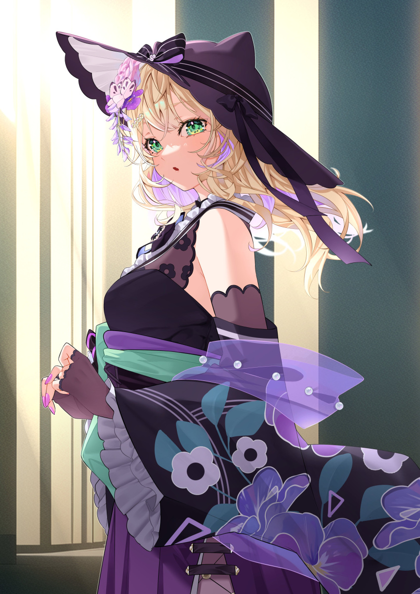 1girl absurdres amopui blonde_hair breasts colored_inner_hair fang fingerless_gloves fingernails flower frills gloves green_eyes hair_flower hair_ornament hat highres japanese_clothes kurumi_noah long_hair looking_at_viewer medium_breasts multicolored_hair official_alternate_costume open_mouth pink_nails purple_hair skin_fang solo virtual_youtuber vspo!