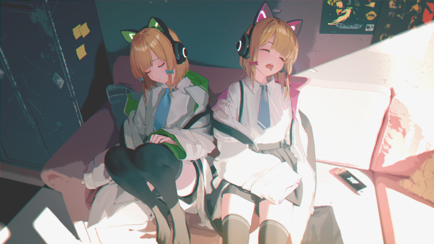 2girls absurdres animal_ear_headphones animal_ears black_skirt black_thighhighs blonde_hair blue_archive blue_necktie bow cat_ear_headphones closed_eyes collared_shirt couch drooling fake_animal_ears green_bow hair_bow handheld_game_console head_tilt headphones highres hood hooded_jacket jacket knees_up long_sleeves low_tied_sidelocks midori_(blue_archive) momoi_(blue_archive) mouth_drool multicolored_clothes multicolored_jacket multiple_girls necktie no_shoes open_mouth parted_bangs pleated_skirt red_bow shirt shirt_tucked_in siblings sisters sitting skirt sleeping sleeves_past_wrists sunlight suspenders tacshojosora thigh-highs twins white_jacket white_shirt wide_sleeves zettai_ryouiki