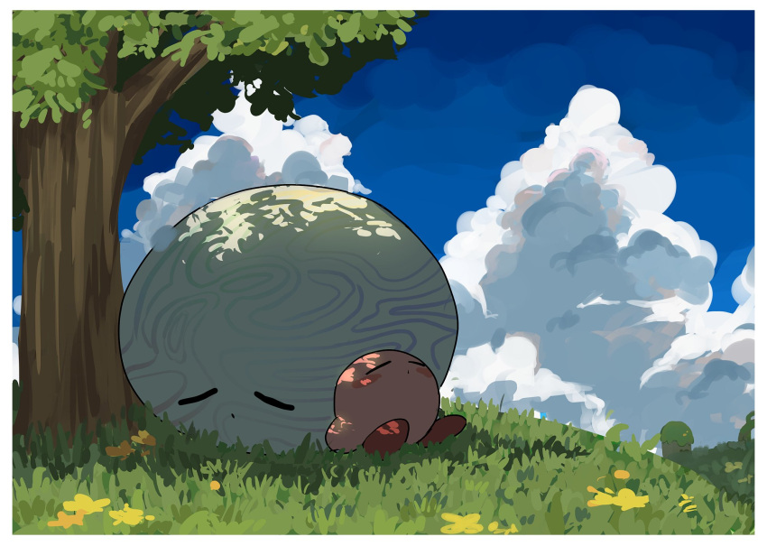 2others blue_sky blush blush_stickers border closed_eyes closed_mouth clouds cloudy_sky commentary_request day flower grass highres kirby kirby_(series) korean_commentary no_humans nt_26 outdoors shade sitting sky sleeping sleeping_upright tree tree_shade void_soul white_border yellow_flower