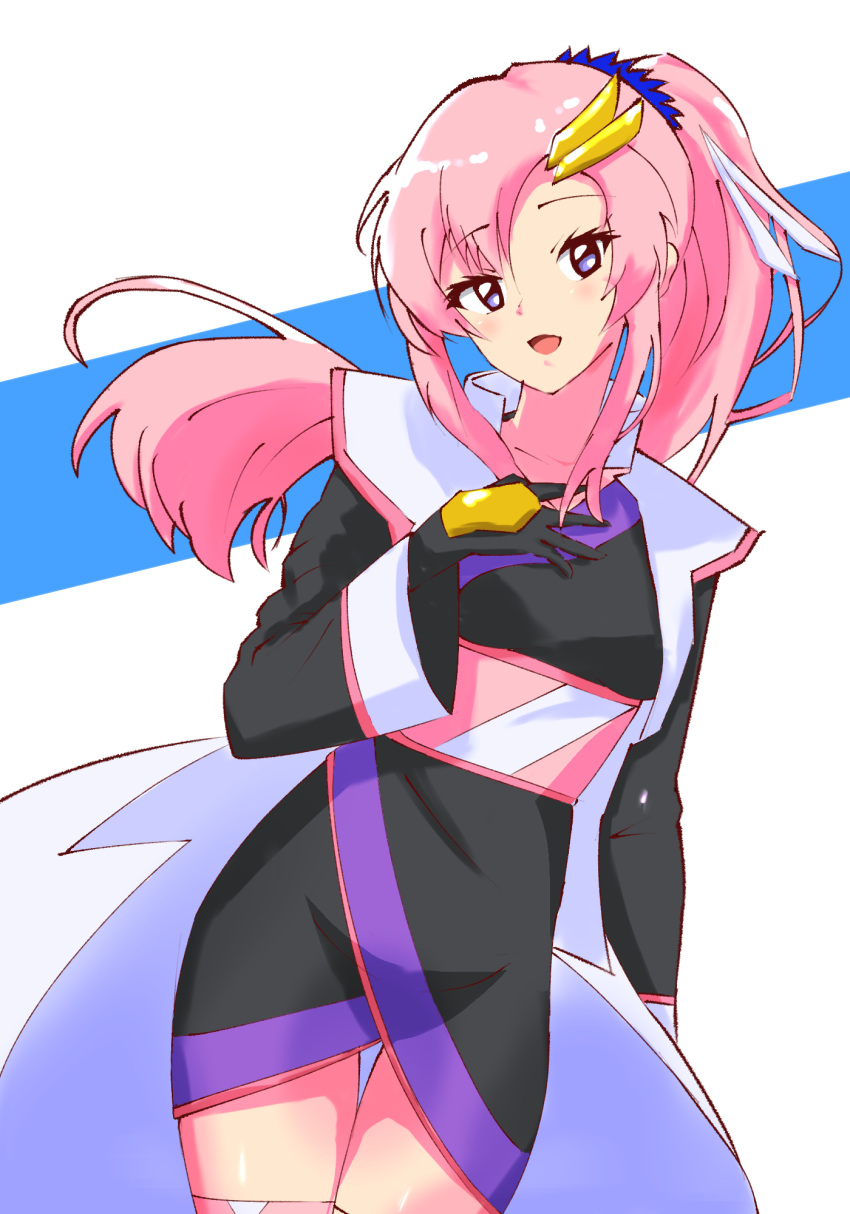 1girl black_dress black_gloves blush breasts dress floating_hair gloves gundam gundam_seed gundam_seed_freedom hair_behind_ear hair_ornament hand_on_own_chest highres lacus_clyne long_hair looking_at_viewer looking_to_the_side medium_breasts pink_hair pink_thighhighs smile solo suibari thigh-highs violet_eyes
