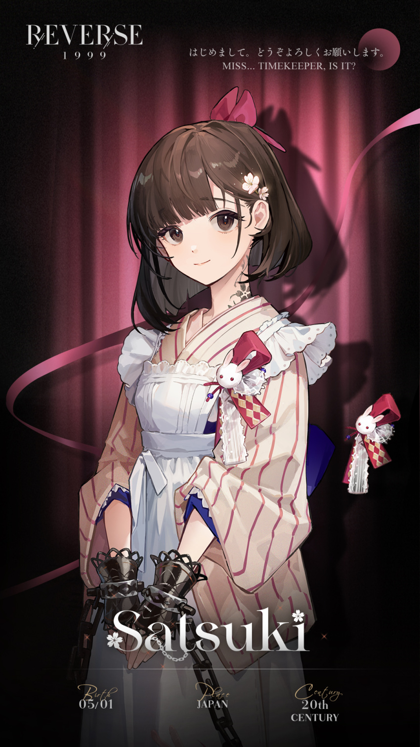 1girl apron blunt_bangs bob_cut bow brown_eyes brown_hair chain character_name cherry_blossoms closed_mouth copyright_name cowboy_shot cuffs english_text flower flower_tattoo frilled_apron frills hair_bow hair_flower hair_ornament highres japanese_clothes kimono logo long_sleeves looking_at_viewer maid neck_tattoo official_art pink_background pink_curtains pink_flower pink_kimono red_bow reverse:1999 satsuki_(reverse:1999) short_hair smile solo spotlight striped striped_kimono tattoo vertical-striped_kimono vertical_stripes wa_maid white_apron wide_sleeves