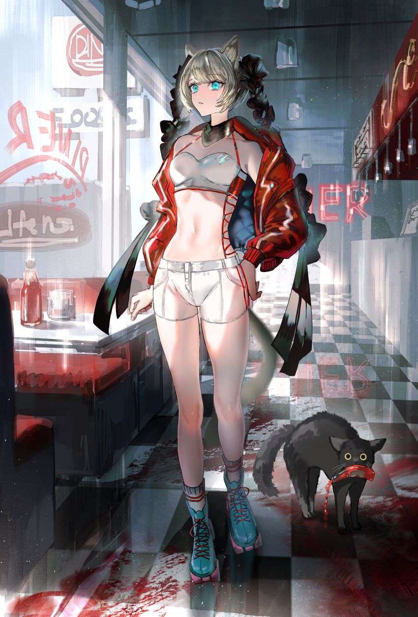 1girl absurdres animal animal_ears bare_shoulders black_cat blonde_hair blood blood_on_ground blue_eyes booth_seating breasts cat diner gawako hand_on_own_hip highres indoors jacket ketchup_bottle navel original red_jacket restaurant shoes shorts small_breasts sneakers solo sports_bra standing table tile_floor tiles white_shorts window