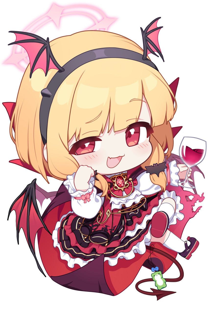 1girl :3 alcohol alternate_costume bat_hair_ornament black_footwear blonde_hair blue_archive bow brooch cape center_frills chibi commentary corset crossed_legs cup demon_tail demon_wings dress drinking_glass fake_head_wings fake_tail fake_wings footwear_bow frilled_dress frills hair_ornament hairband halloween_costume highres holding holding_cup jewelry mary_janes momoi_(blue_archive) open_mouth red_bow shoes smile socks solo surps tail vampire_costume white_socks wine wine_glass wings