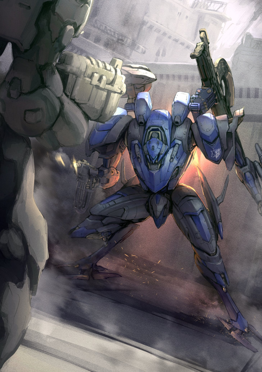 armored_core armored_core_6 commentary_request fire firing full_body gun highres holding holding_gun holding_weapon huge_weapon itaco mecha mecha_focus mechanical_parts missile_pod no_humans outdoors reverse_jointed_legs robot science_fiction smoke sparks v.iv_rusty weapon wolf_print