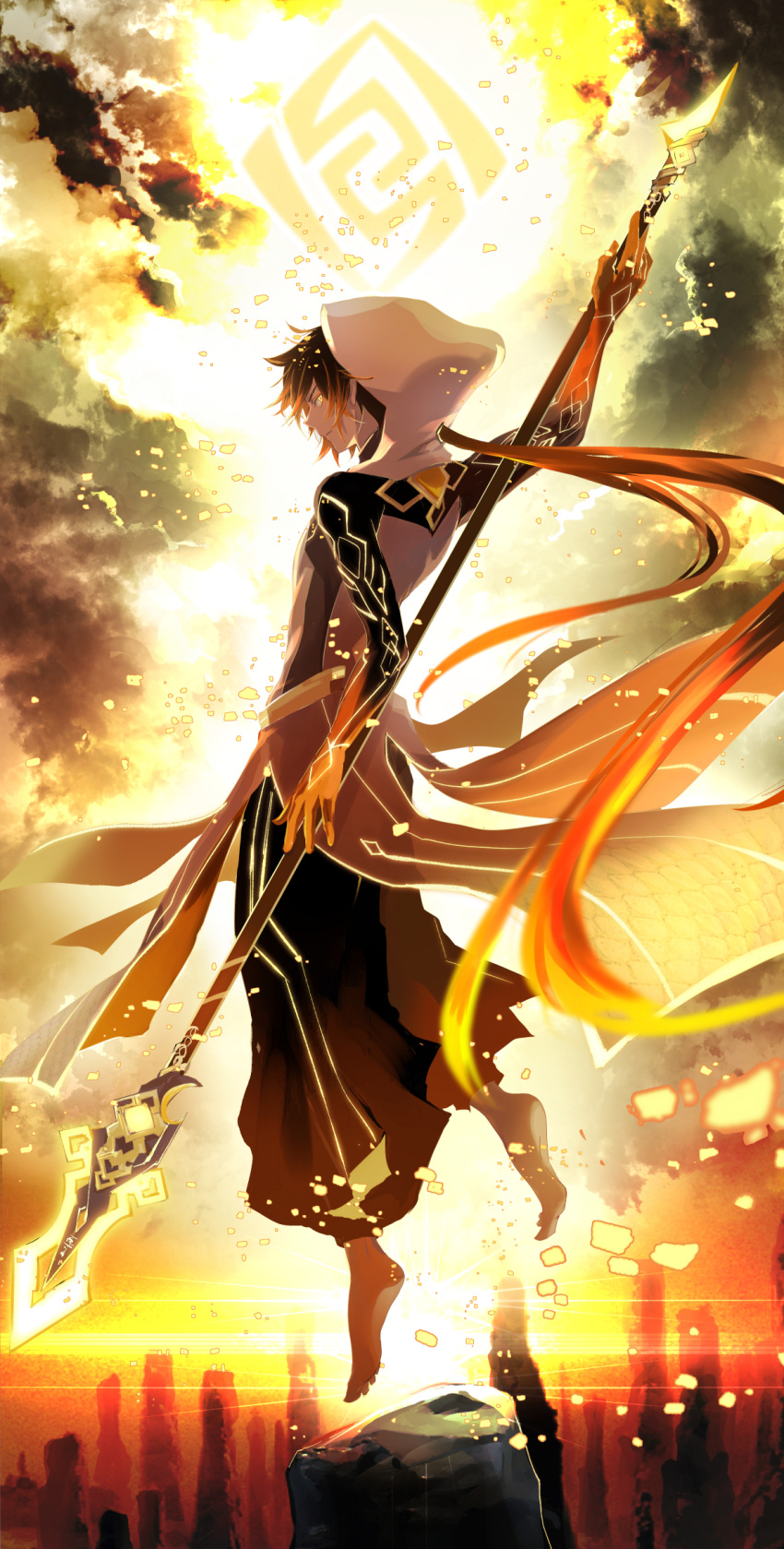 1boy arm_up baggy_pants black_pants brown_hair closed_mouth clouds cloudy_sky coat commentary_request eyeshadow floating_hair full_body genshin_impact geo_symbol_(genshin_impact) glowing glowing_eyes gradient_clothes gradient_hair hair_between_eyes highres holding holding_polearm holding_weapon hood hood_up hooded_coat long_hair looking_at_viewer low_ponytail makeup male_focus mori_morii mountain multicolored_hair orange_eyeshadow orange_hair pants polearm ponytail sidelocks sideways_glance sky solo very_long_hair vortex_vanquisher_(genshin_impact) weapon white_coat yellow_eyes zhongli_(archon)_(genshin_impact) zhongli_(genshin_impact)