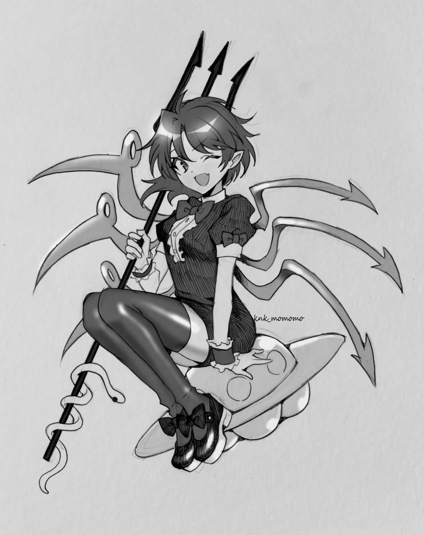 1girl absurdres asymmetrical_wings dress full_body greyscale highres houjuu_nue kamenozoki_momomo monochrome one-hour_drawing_challenge one_eye_closed open_mouth pointy_ears polearm shoes short_sleeves signature simple_background smile solo thigh-highs touhou trident twitter_username weapon white_background wings