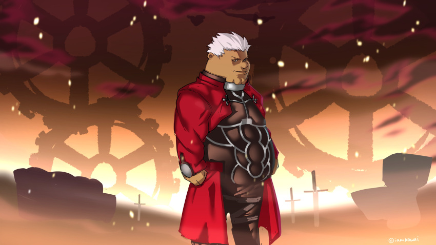 1boy absurdres archer_(fate) archer_(fate)_(cosplay) cleft_chin clenched_hand coat cosplay couch dark-skinned_male dark_skin family_guy fat fat_man fate/stay_night fate_(series) highres kowai_(iamkowai) looking_at_viewer male_focus outdoors peter_griffin red_coat short_hair solo standing sword toilet unlimited_blade_works_(fate) very_short_hair weapon white_hair