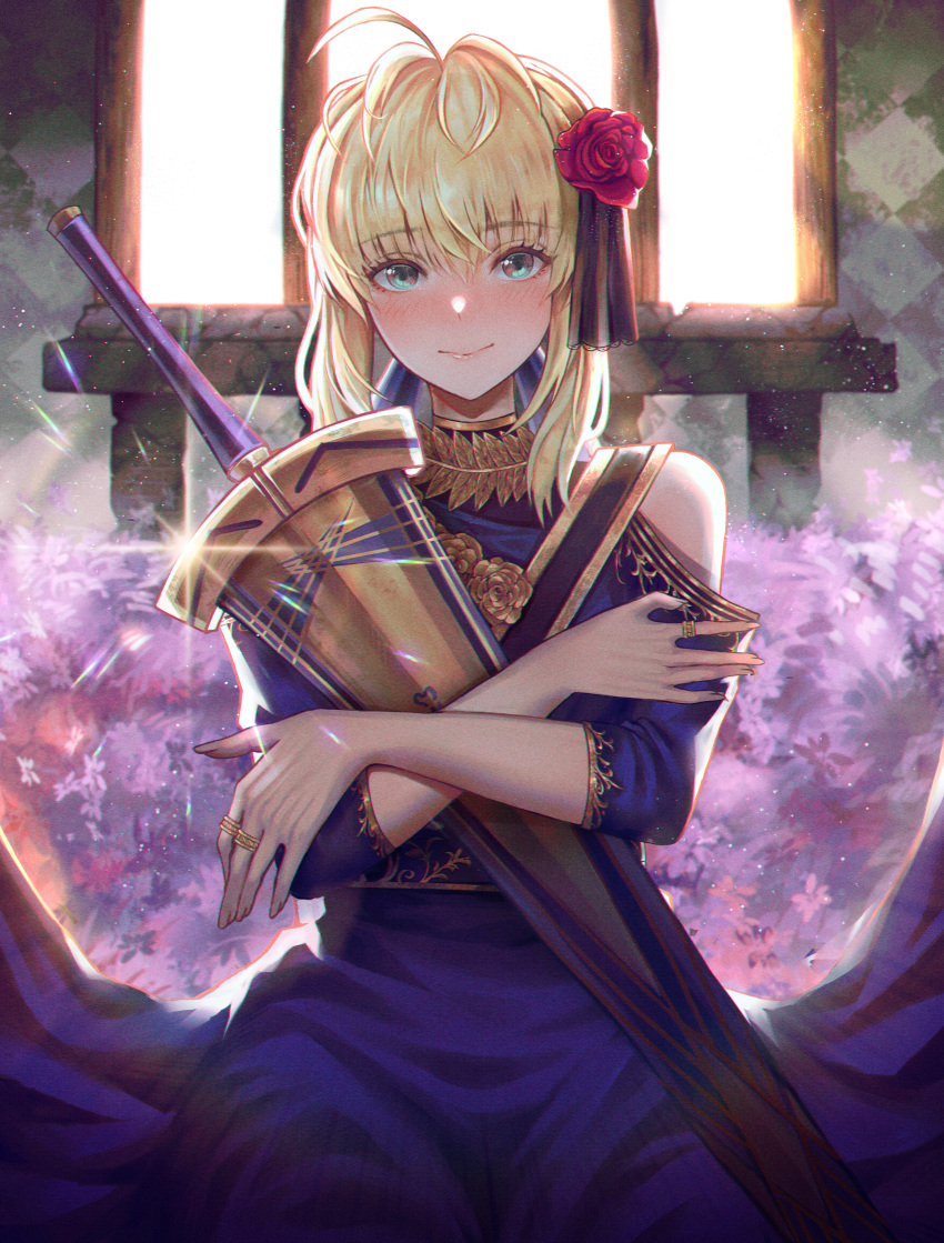 1girl absurdres ahoge artoria_pendragon_(fate) blonde_hair blush dress elker fate/grand_order fate/stay_night fate_(series) flower green_eyes hair_between_eyes hair_flower hair_ornament hair_ribbon highres holding holding_weapon jewelry long_hair looking_at_viewer ribbon ring scabbard sheath smile solo sword weapon