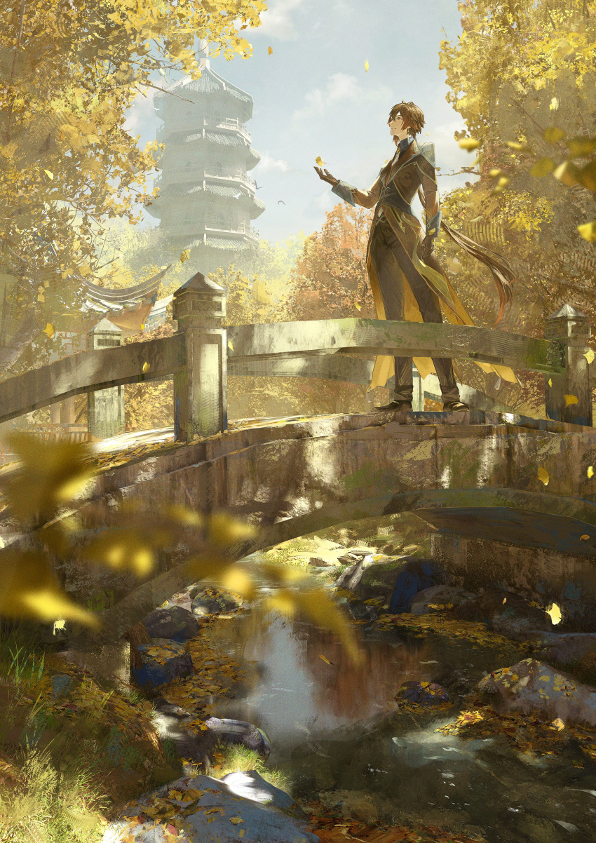 1boy absurdres architecture blurry blurry_foreground bridge brown_coat brown_footwear brown_gloves brown_hair brown_pants catching coat coattails commentary_request day earrings east_asian_architecture falling_leaves genshin_impact ginkgo_leaf ginkgo_tree gloves gyoukan_(jfxc) highres jewelry leaf long_hair pagoda pants ponytail shoes sky smile solo standing stream very_long_hair wide_shot zhongli_(genshin_impact)