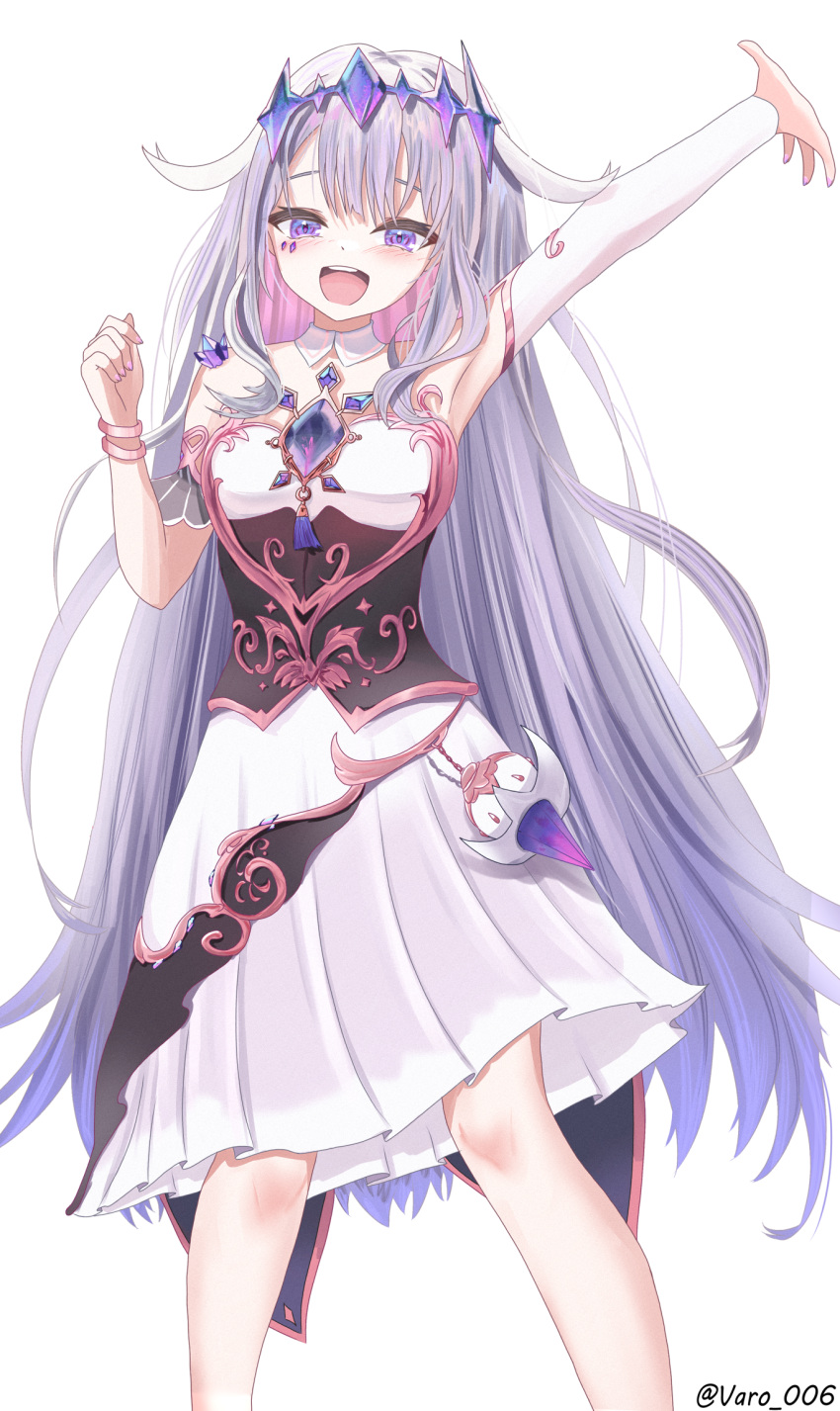 1girl arm_up black_corset blush bridal_gauntlets chest_jewel collar colored_inner_hair corset detached_collar dress english_commentary grey_hair highres hololive hololive_english jewel_under_eye koseki_bijou looking_at_viewer multicolored_hair open_mouth pink_hair single_bridal_gauntlet smile solo teeth upper_teeth_only varo_006 violet_eyes virtual_youtuber white_background white_bridal_gauntlets white_collar white_dress