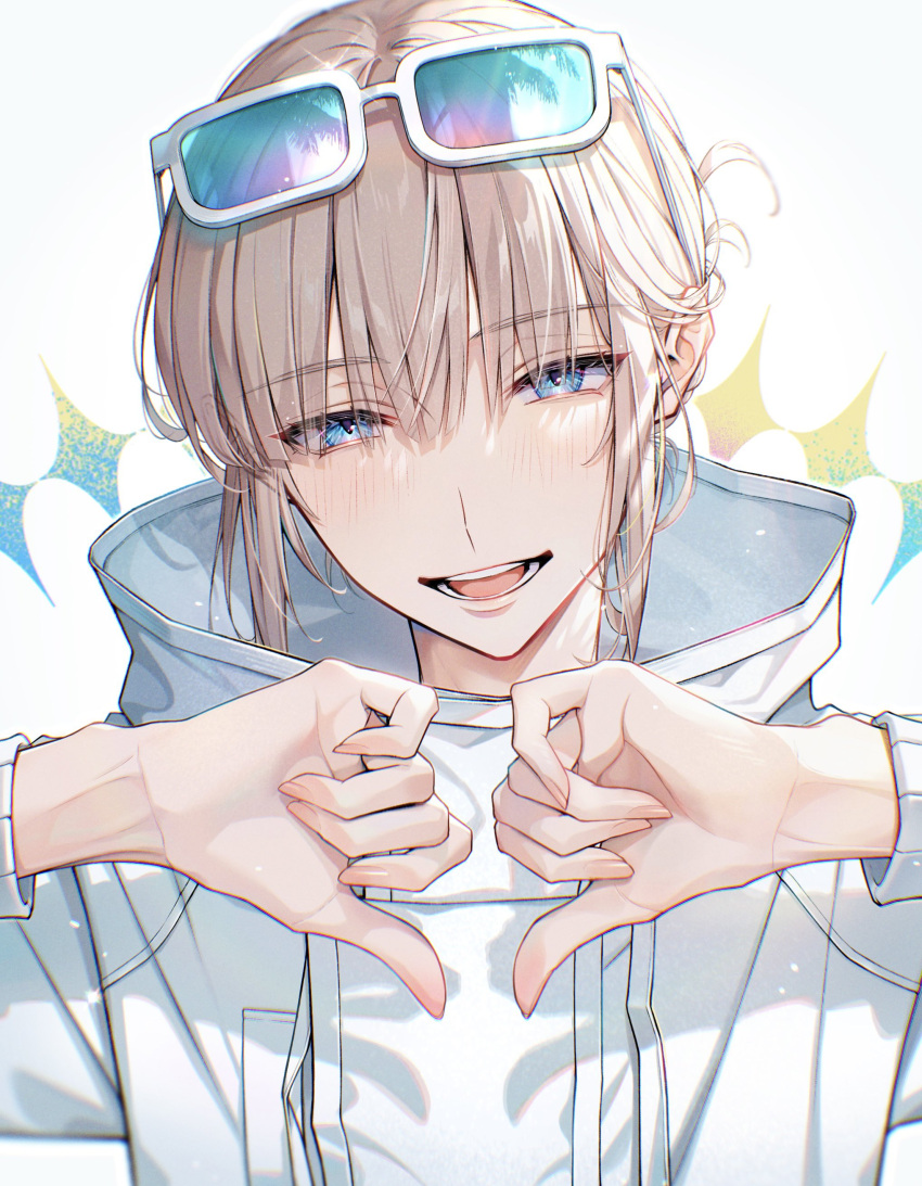 1boy absurdres bambi-25 blue_eyes blush brown_hair coat eyelashes eyewear_on_head fate/grand_order fate_(series) fingernails heart heart_hands highres long_sleeves looking_at_viewer male_focus oberon_(fate) open_mouth short_hair simple_background solo teeth upper_body veins veiny_arms white_background white_coat