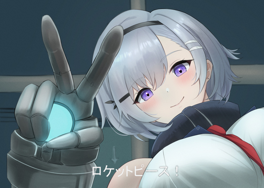 1girl absurdres azur_lane bare_shoulders black_hairband blush breasts commentary_request earrings gauntlets hair_ornament hair_over_one_eye hairband hairclip highres indoors jewelry large_breasts mechanical_gloves necktie red_necktie reno_(azur_lane) shirt short_hair smile solo soul_(dp11) translation_request upper_body v violet_eyes white_hair white_shirt